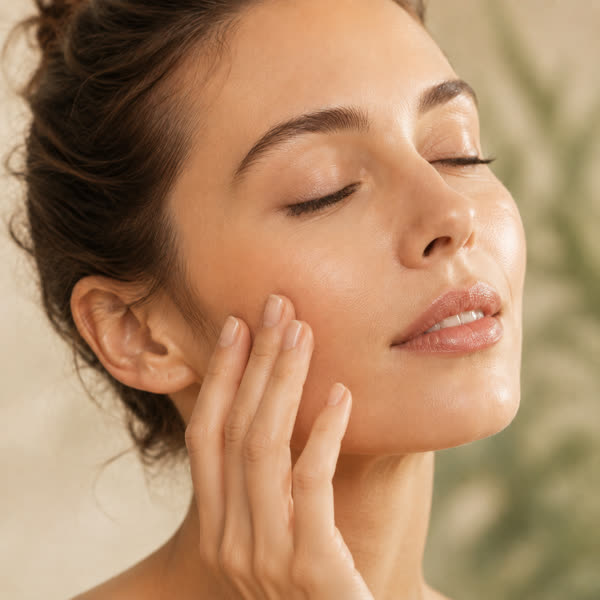 Feuille d'aloe vera coupée avec gel apaisant translucide, fond olive — collection Peau sensible