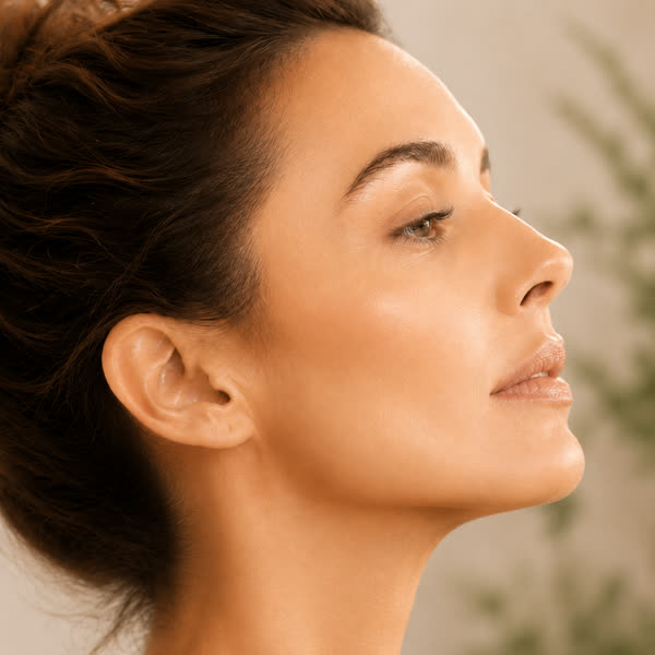 Femme à la peau lumineuse et au teint unifié, sourire, fond vert — collection Éclat & taches