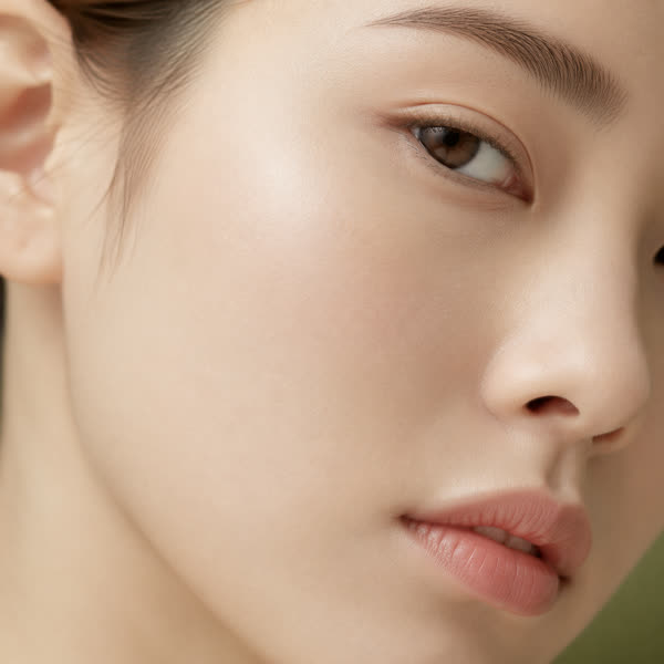 Femme à la peau nette et lisse, angle 3/4, fond vert — collection Imperfections